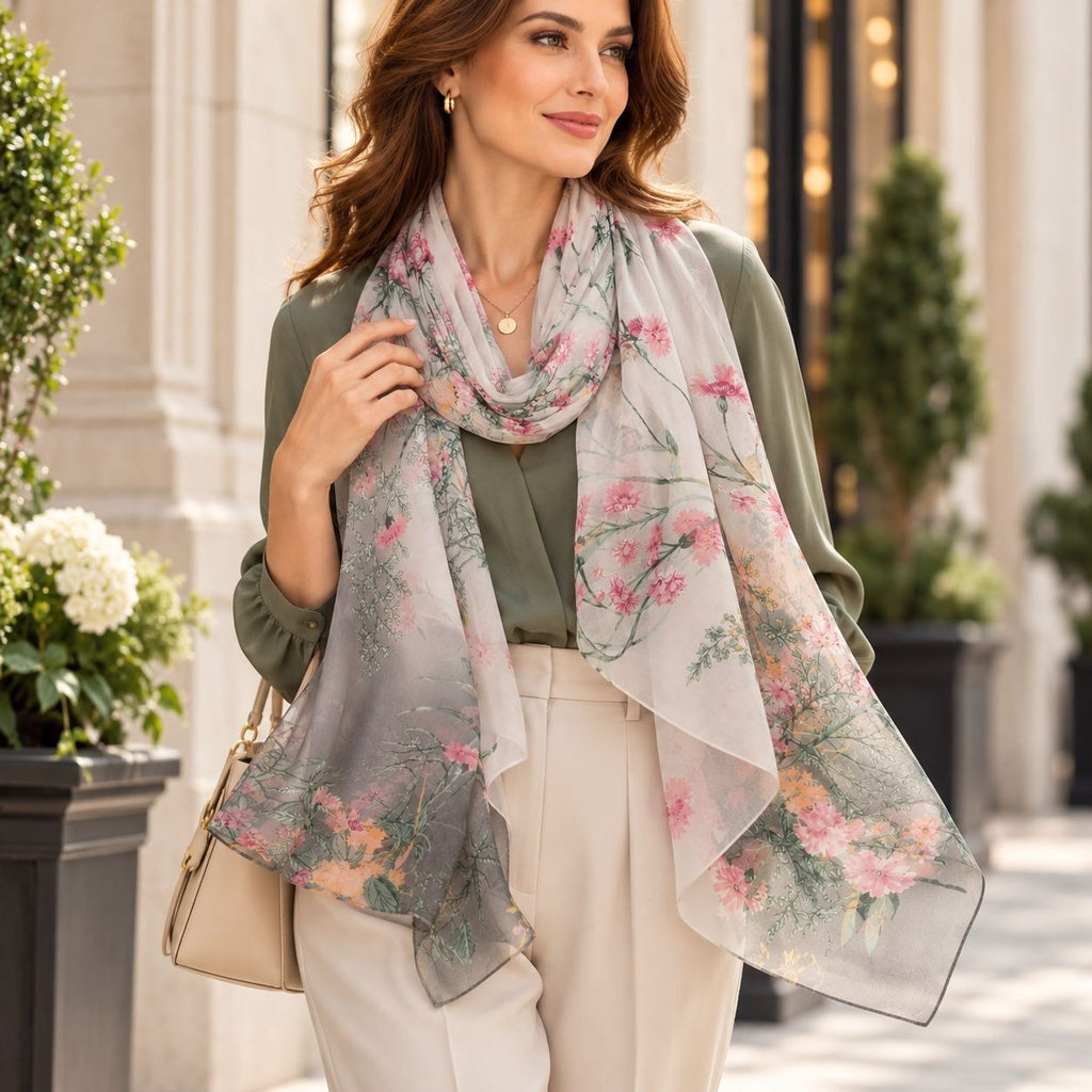 A woman wearing a light gray semi-sheer scarf with a pink and green floral print, styled over an olive green top and cream pants.