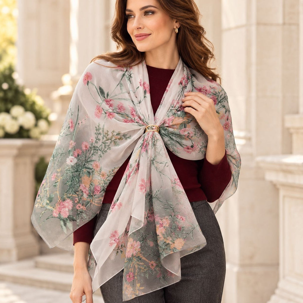 A woman models a sheer floral shawl wrap tied at the waist over a burgundy top and gray pants, set against a soft-focus classical stone building background.