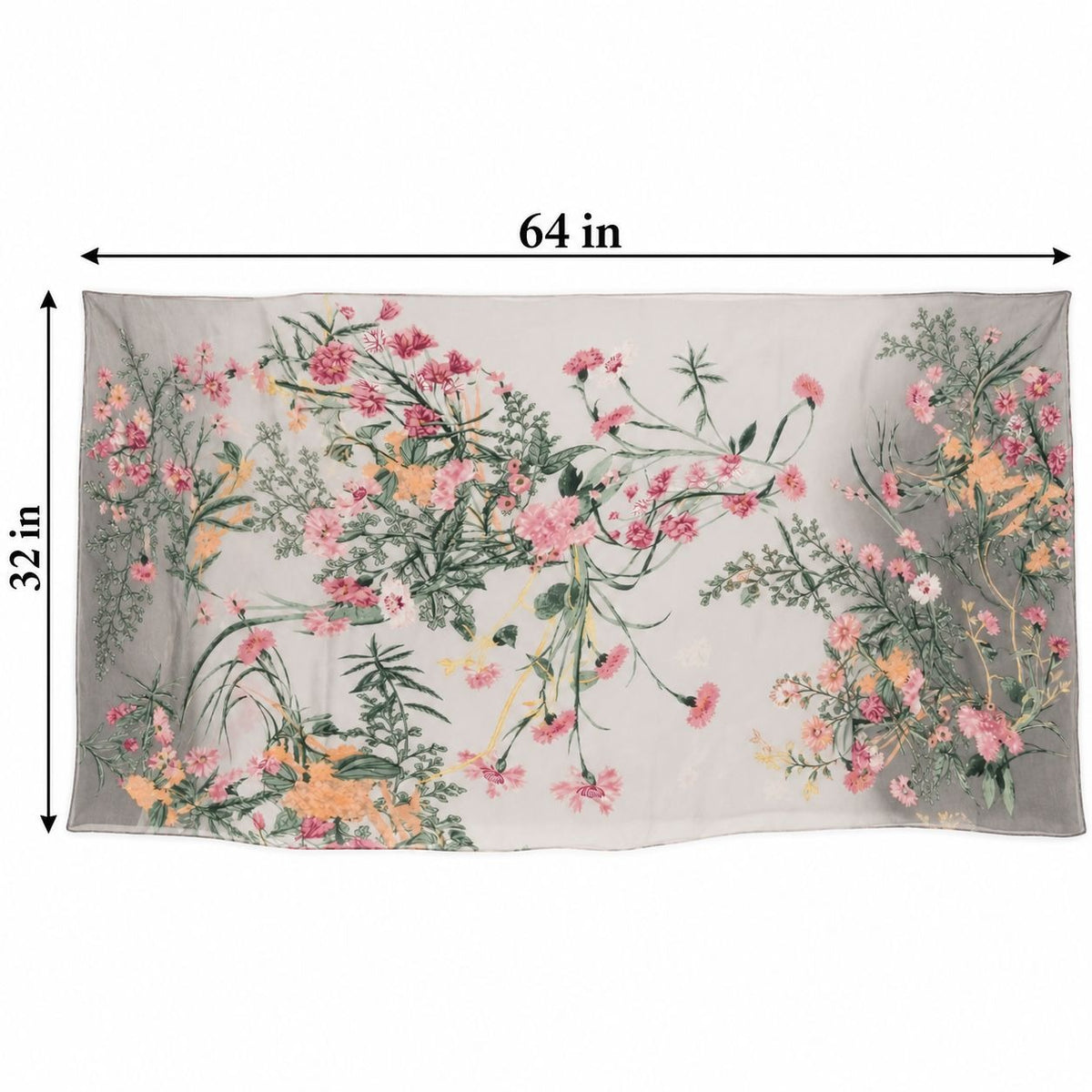 Pink Sage Gray Floral Chiffon Scarf, 64 x 32 Inch Botanical Long Wrap Shawl