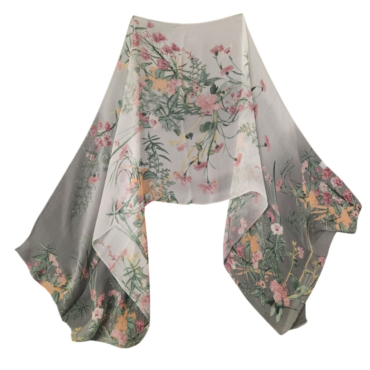 Pink Sage Gray Floral Chiffon Scarf, 64 x 32 Inch Botanical Long Wrap Shawl