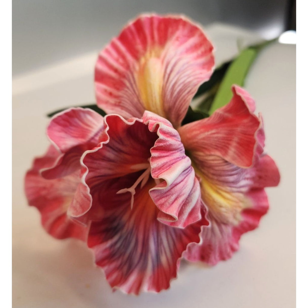 Artificial Iris Flower 33 Inch Tall Pink Faux Iris Stem Hand Painted Look Floral Decor