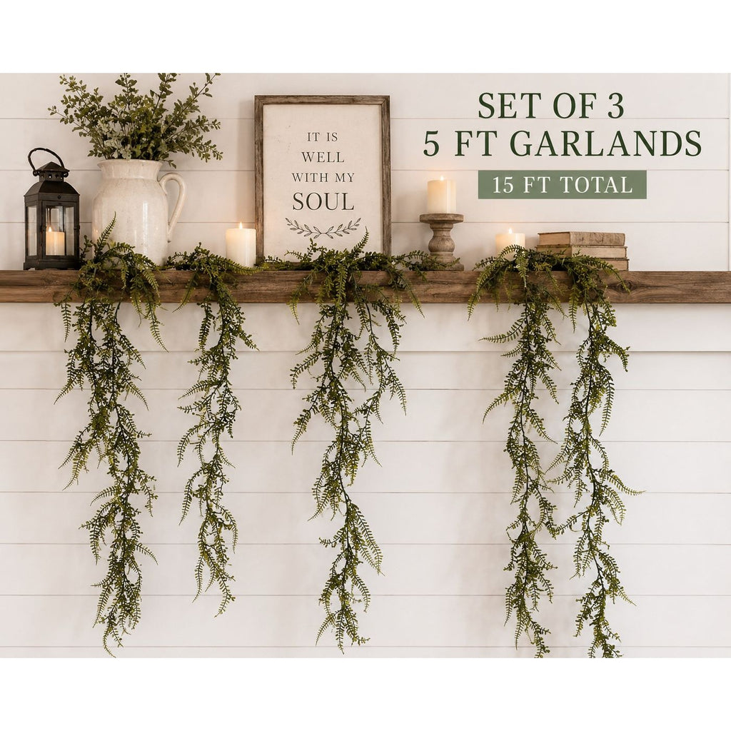 Artificial Fern Garland Set of 3 Hanging Greenery Garlands 5 Foot Trailing Greenery Farmhouse Decor Wedding Arch Mantel Garland