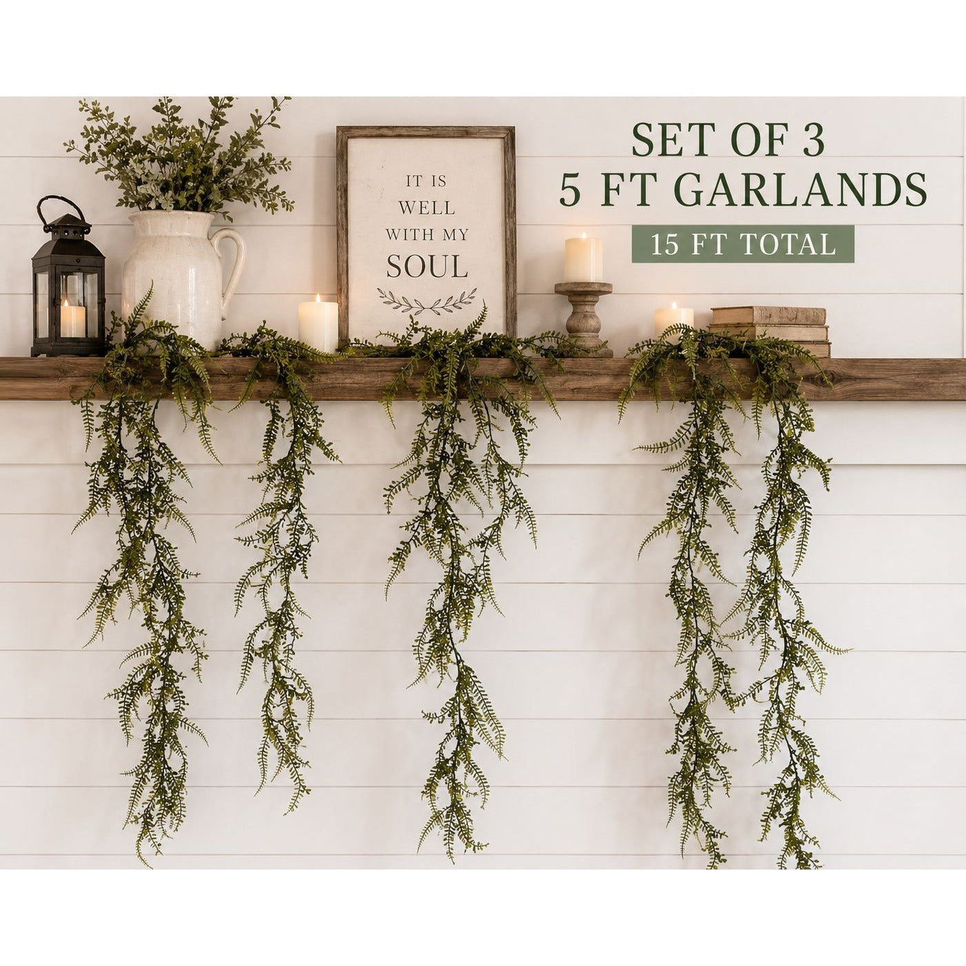 Artificial Fern Garland Set of 3 Hanging Greenery Garlands 5 Foot Trailing Greenery Farmhouse Decor Wedding Arch Mantel Garland