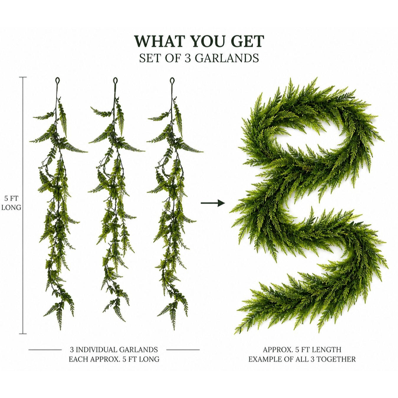 Artificial Fern Garland Set of 3 Hanging Greenery Garlands 5 Foot Trailing Greenery Farmhouse Decor Wedding Arch Mantel Garland