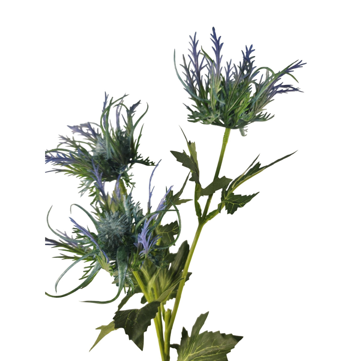 Artificial Blue Thistle Stem, 25 Inch Faux Sea Holly, 3 Blooms, Wired Spray