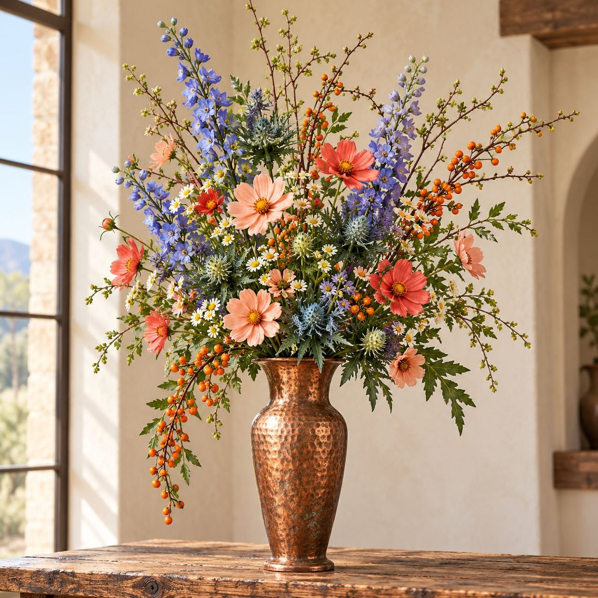 A large, vibrant artificial floral arrangement in a textured copper-colored vase, set on a rustic wooden table in a warm, neutral-toned interior room.