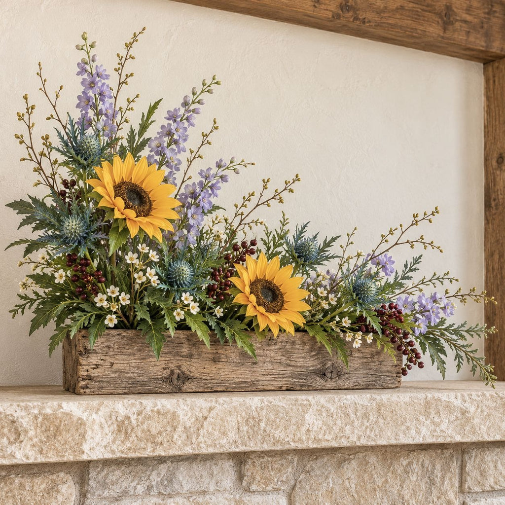 A rustic rectangular wooden planter filled with a floral arrangement featuring two large yellow sunflowers, blue thistles, purple flowers, green foliage, and small white blossoms, displayed on a stone mantel against a beige wall.