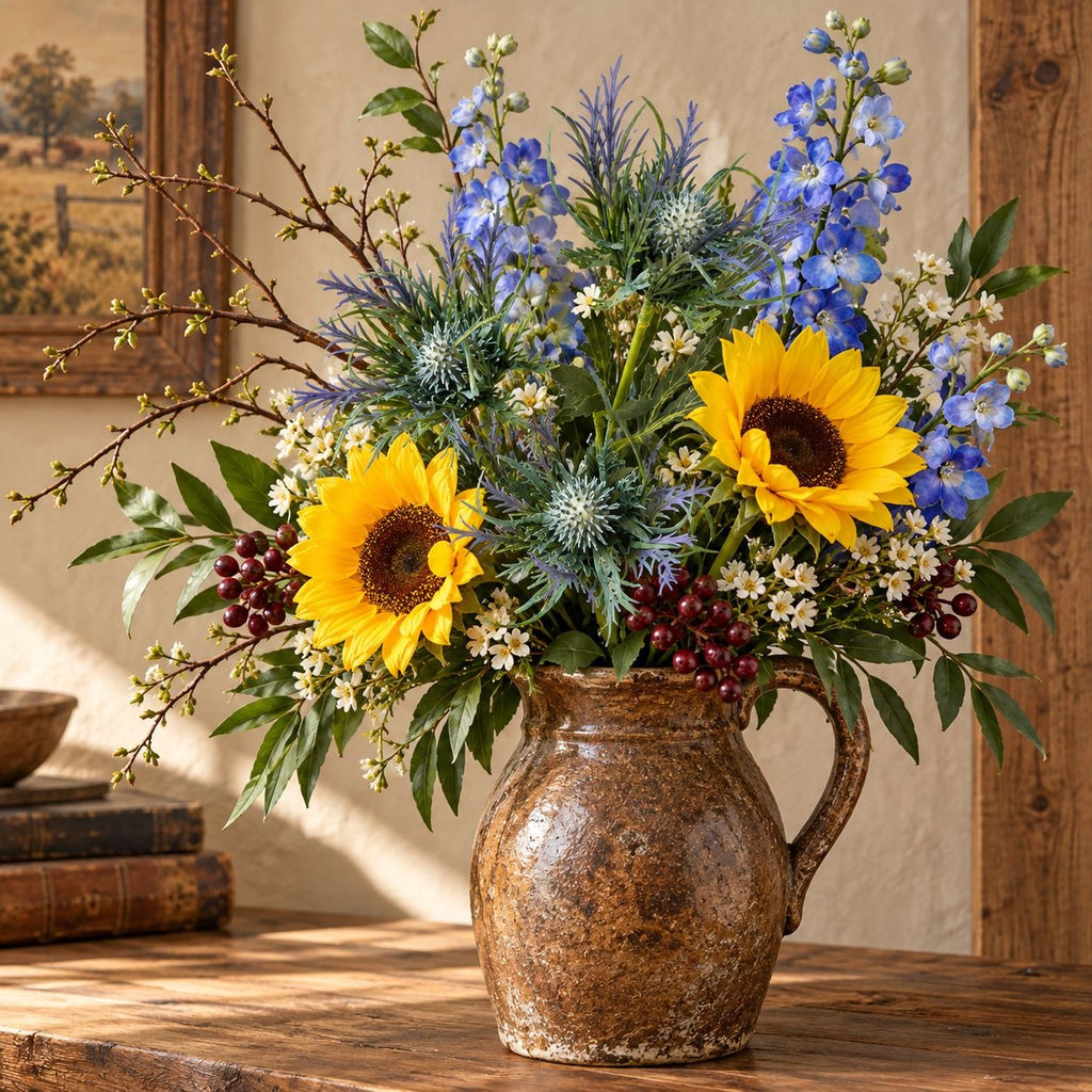 A rustic floral arrangement featuring two large yellow sunflowers, blue delphiniums, blue thistles, green foliage, and small white and burgundy berries in a distressed brown ceramic pitcher, displayed on a wooden table in a warm indoor setting.