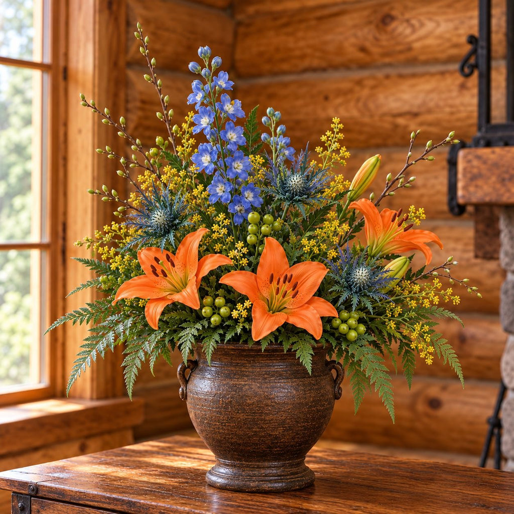 A rustic ceramic pot filled with a vibrant autumn floral arrangement, featuring bright orange lilies, blue delphiniums, yellow wisteria, and green ferns, set on a wooden table in front of a rustic log cabin background.