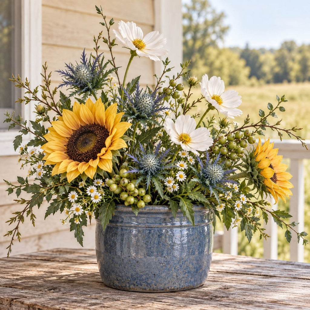 A rustic floral arrangement featuring two large yellow sunflowers, white daisies, blue thistles, and green foliage in a speckled blue ceramic bucket, displayed on a wooden porch table.