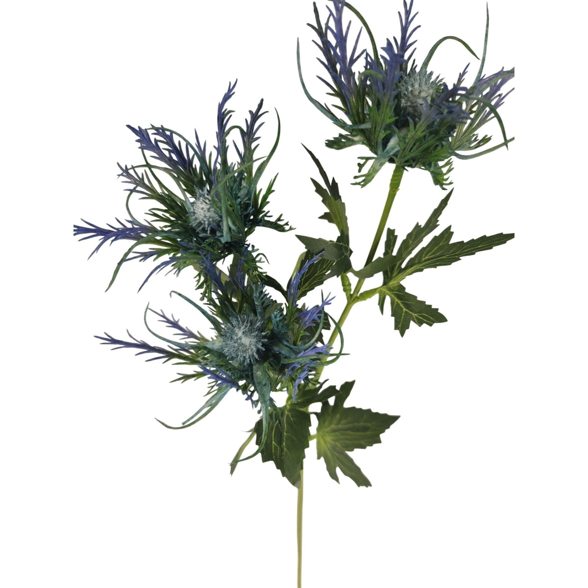Artificial blue thistle flower stem with green leaves on a solid white background.