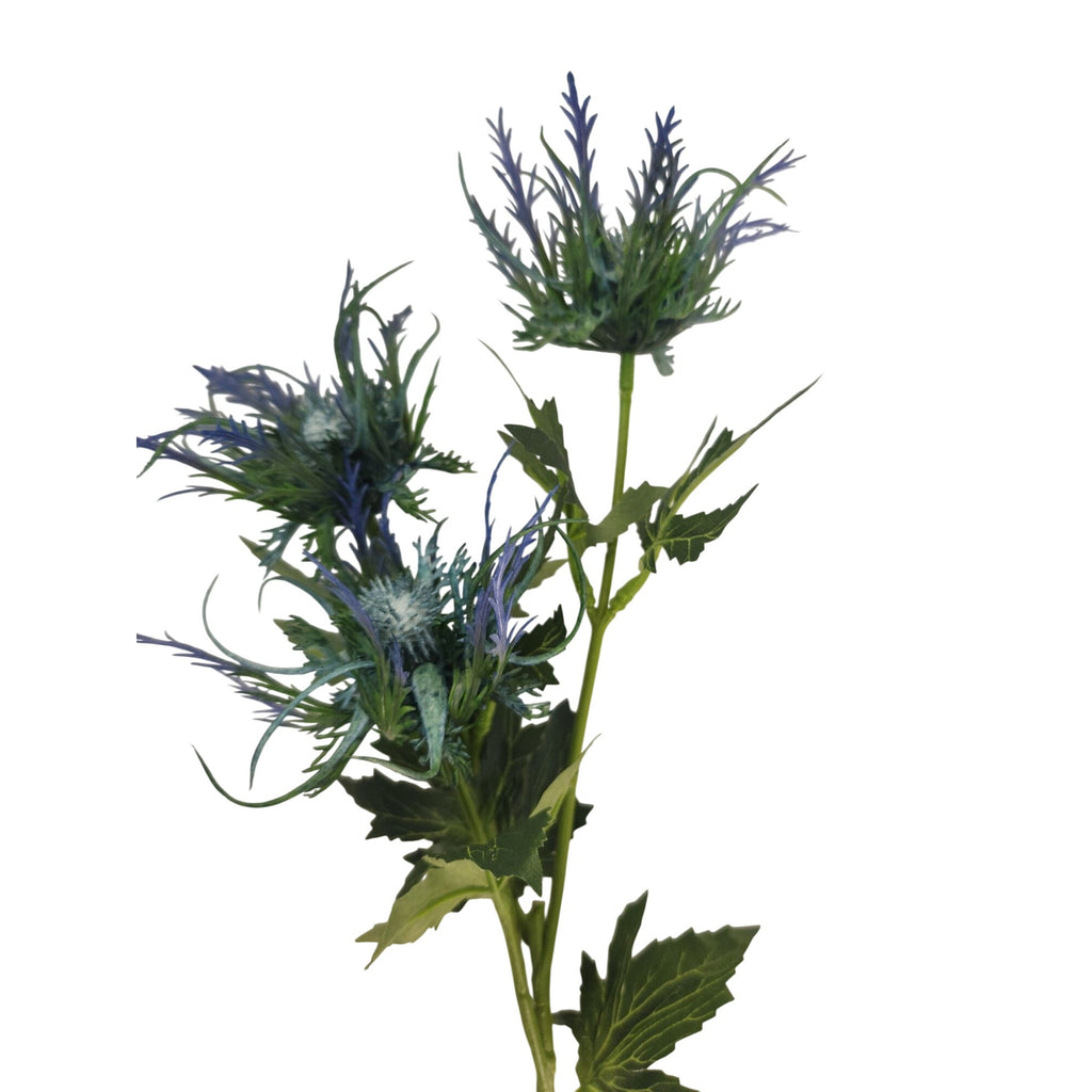 Artificial Blue Thistle Stem, 25 Inch Faux Sea Holly, 3 Blooms, Wired Spray