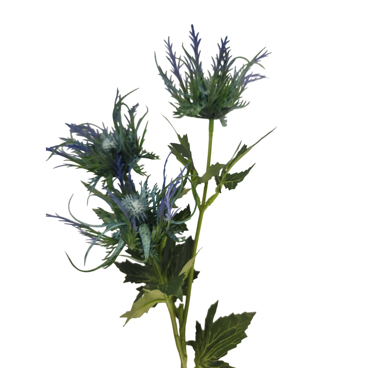 Artificial Blue Thistle Stem, 25 Inch Faux Sea Holly, 3 Blooms, Wired Spray