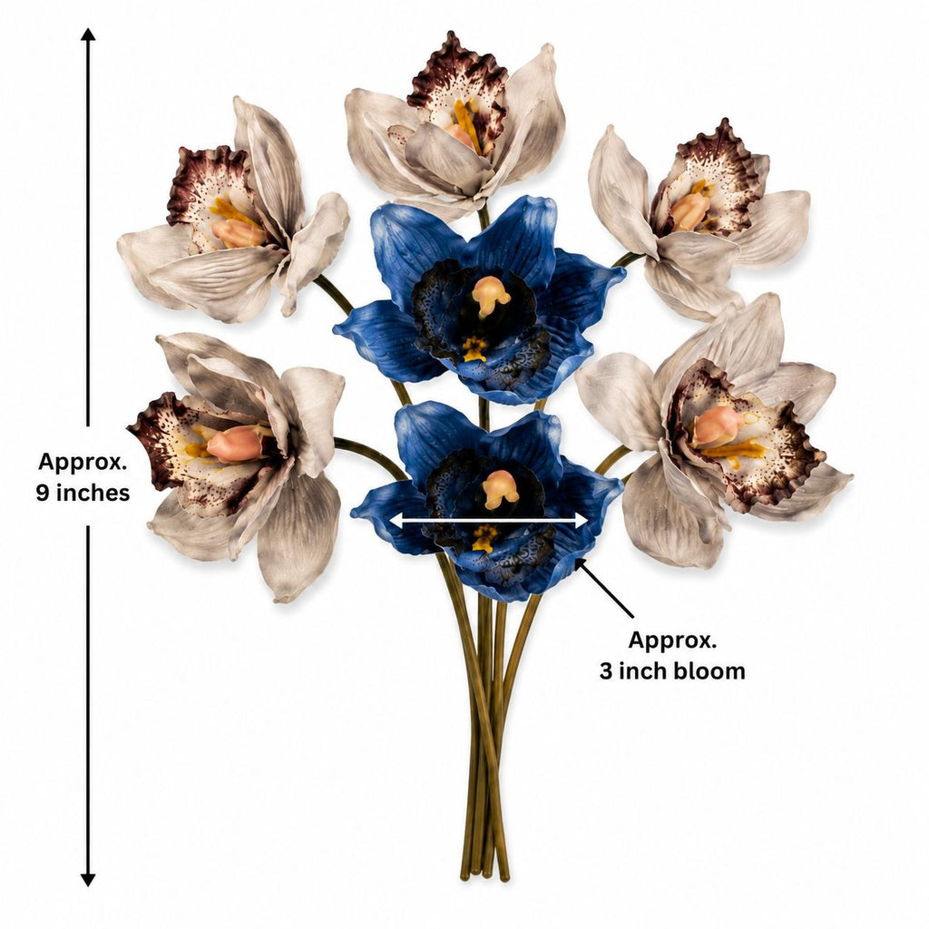 Blue Gray Cymbidium Orchid Flowers 7 Stem Faux Floral Bundle 9 Inch