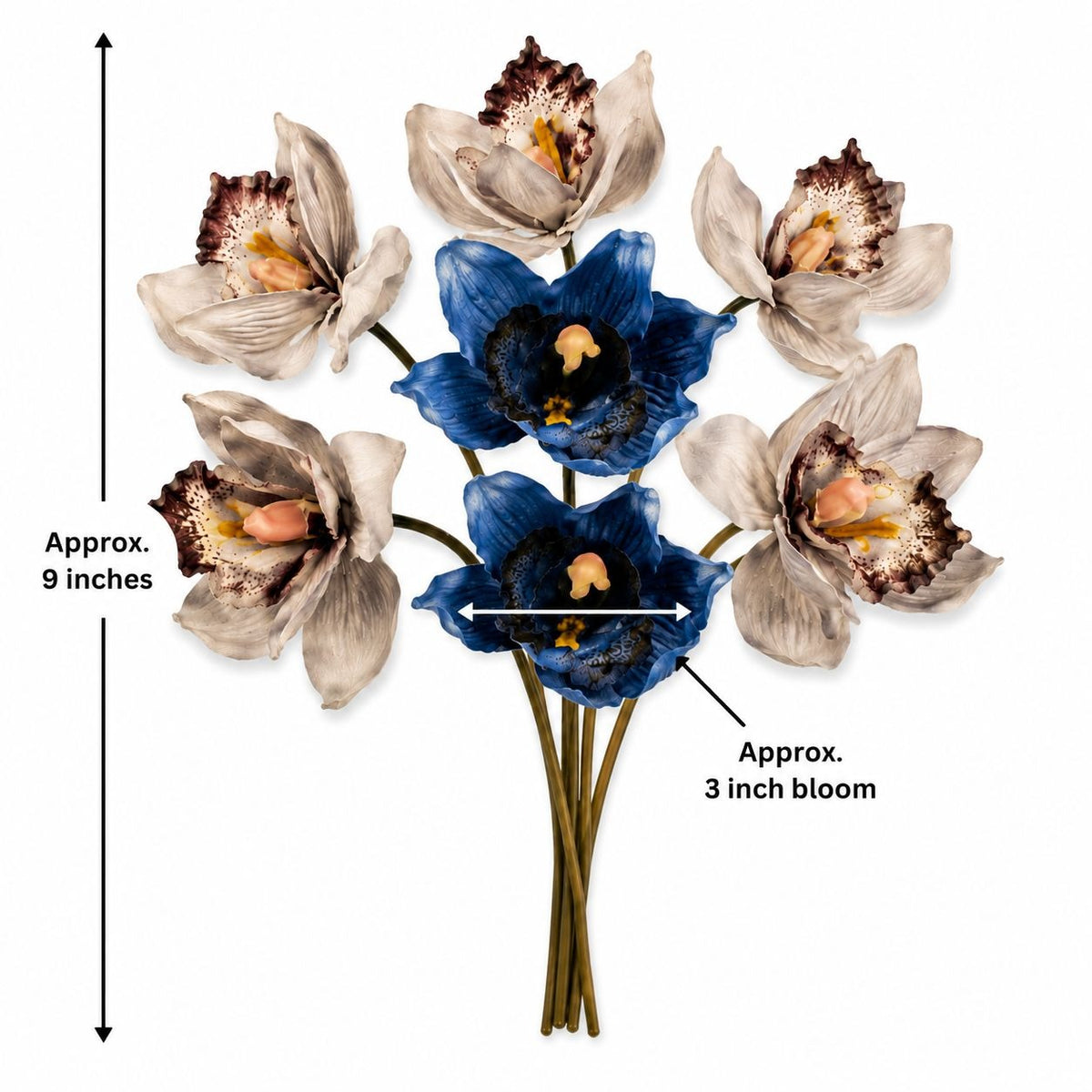 Blue Gray Cymbidium Orchid Flowers 7 Stem Faux Floral Bundle 9 Inch