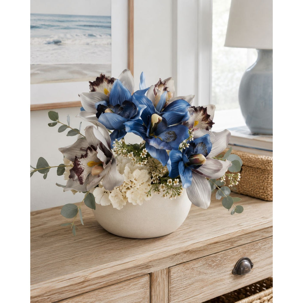 Blue Gray Cymbidium Orchid Flowers 7 Stem Faux Floral Bundle 9 Inch