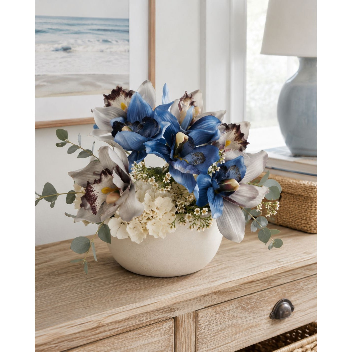 Blue Gray Cymbidium Orchid Flowers 7 Stem Faux Floral Bundle 9 Inch