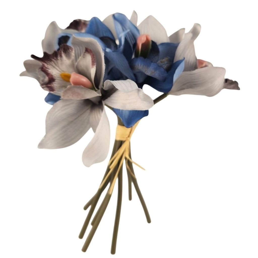 Blue Gray Cymbidium Orchid Flowers 7 Stem Faux Floral Bundle 9 Inch