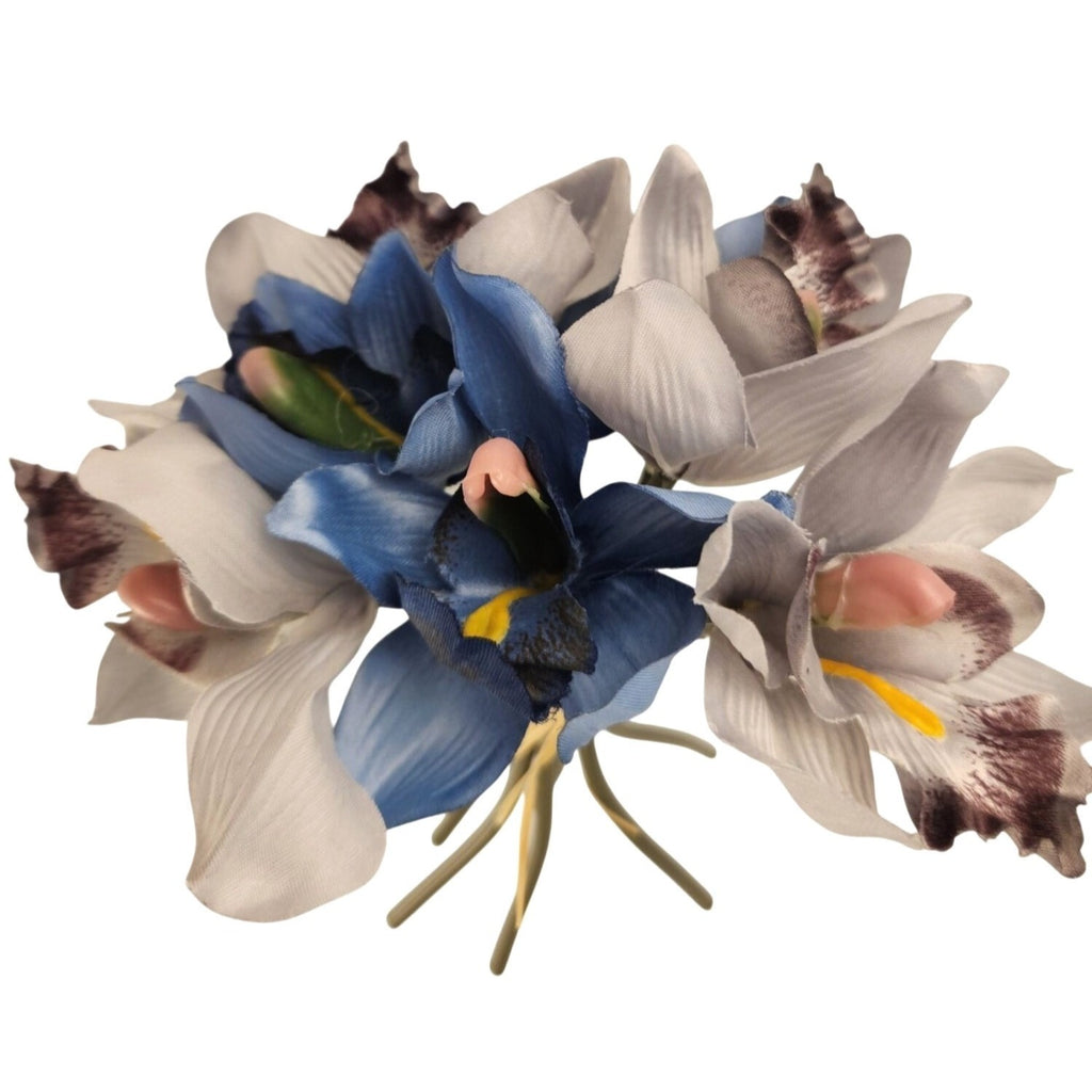 Blue Gray Cymbidium Orchid Flowers 7 Stem Faux Floral Bundle 9 Inch