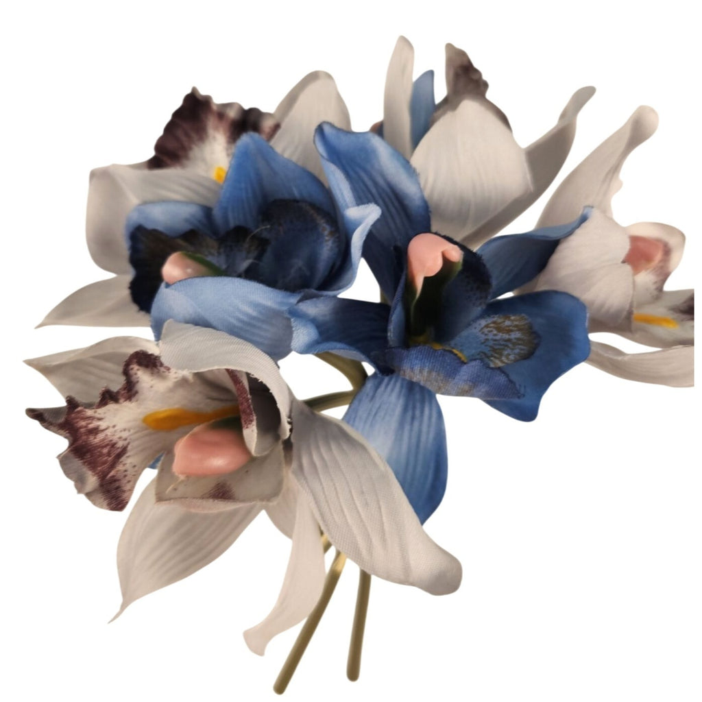 Blue Gray Cymbidium Orchid Flowers 7 Stem Faux Floral Bundle 9 Inch