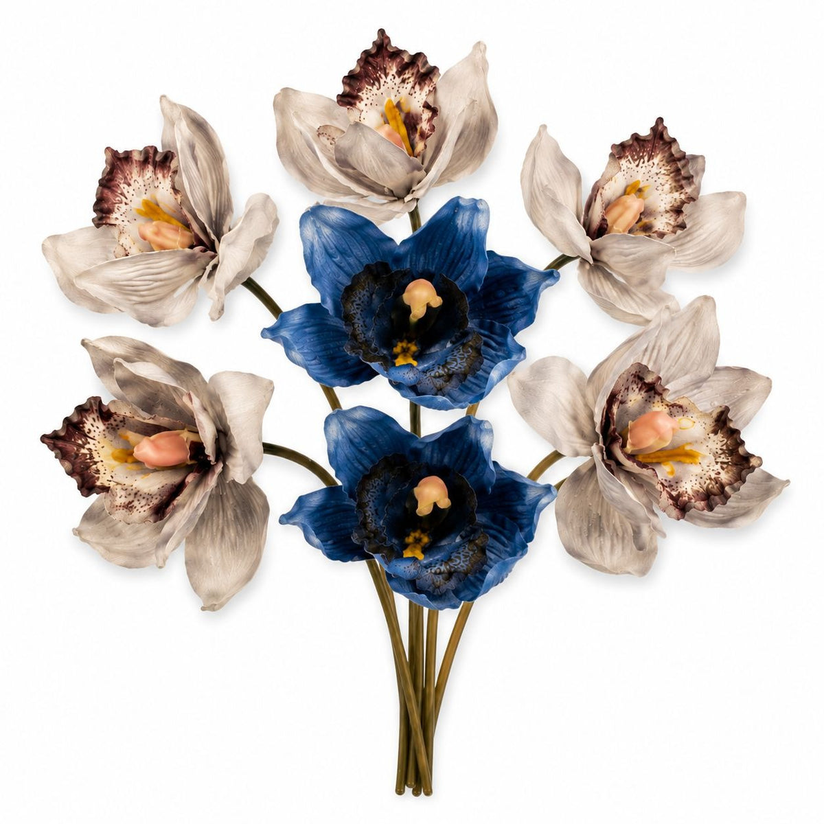 Blue Gray Cymbidium Orchid Flowers 7 Stem Faux Floral Bundle 9 Inch