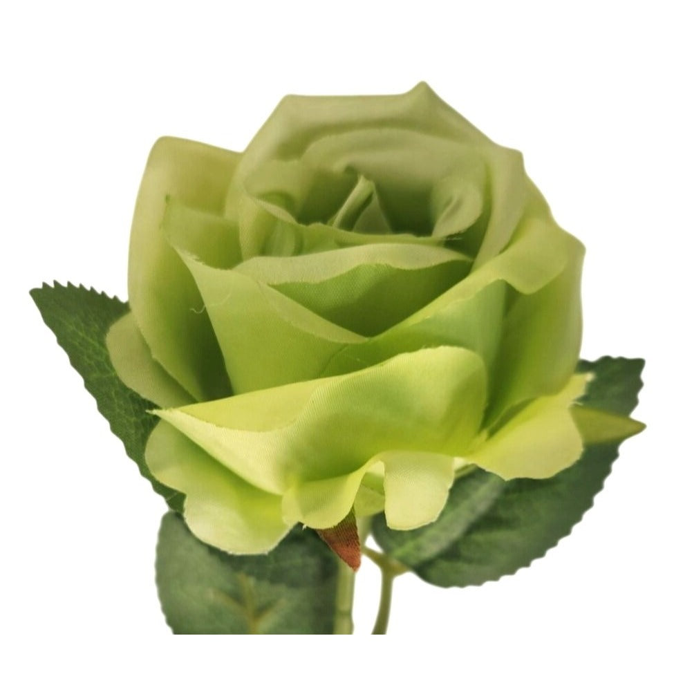 Green artificial rose with leaves on a white background