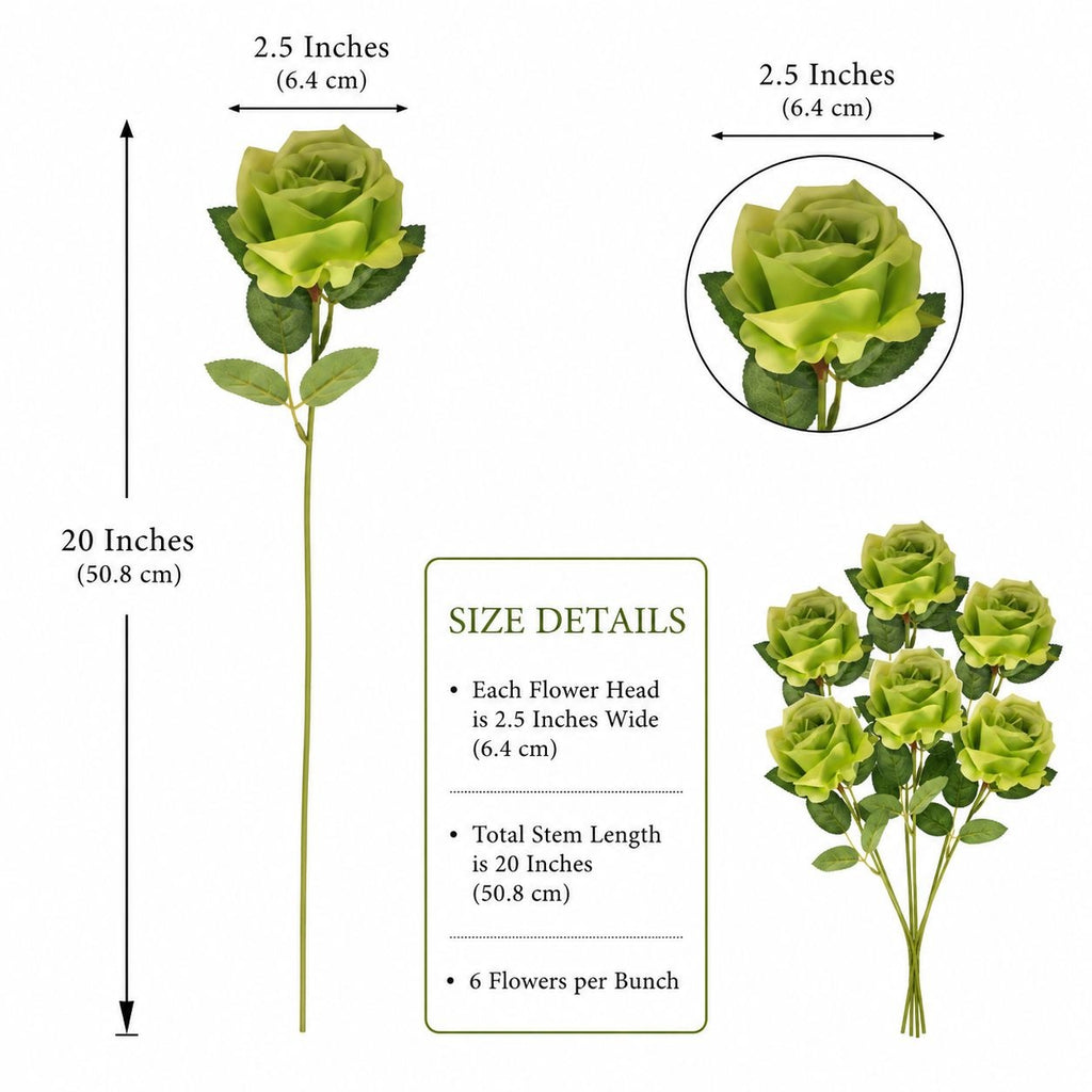 Green artificial roses with measurements and size details on a white background