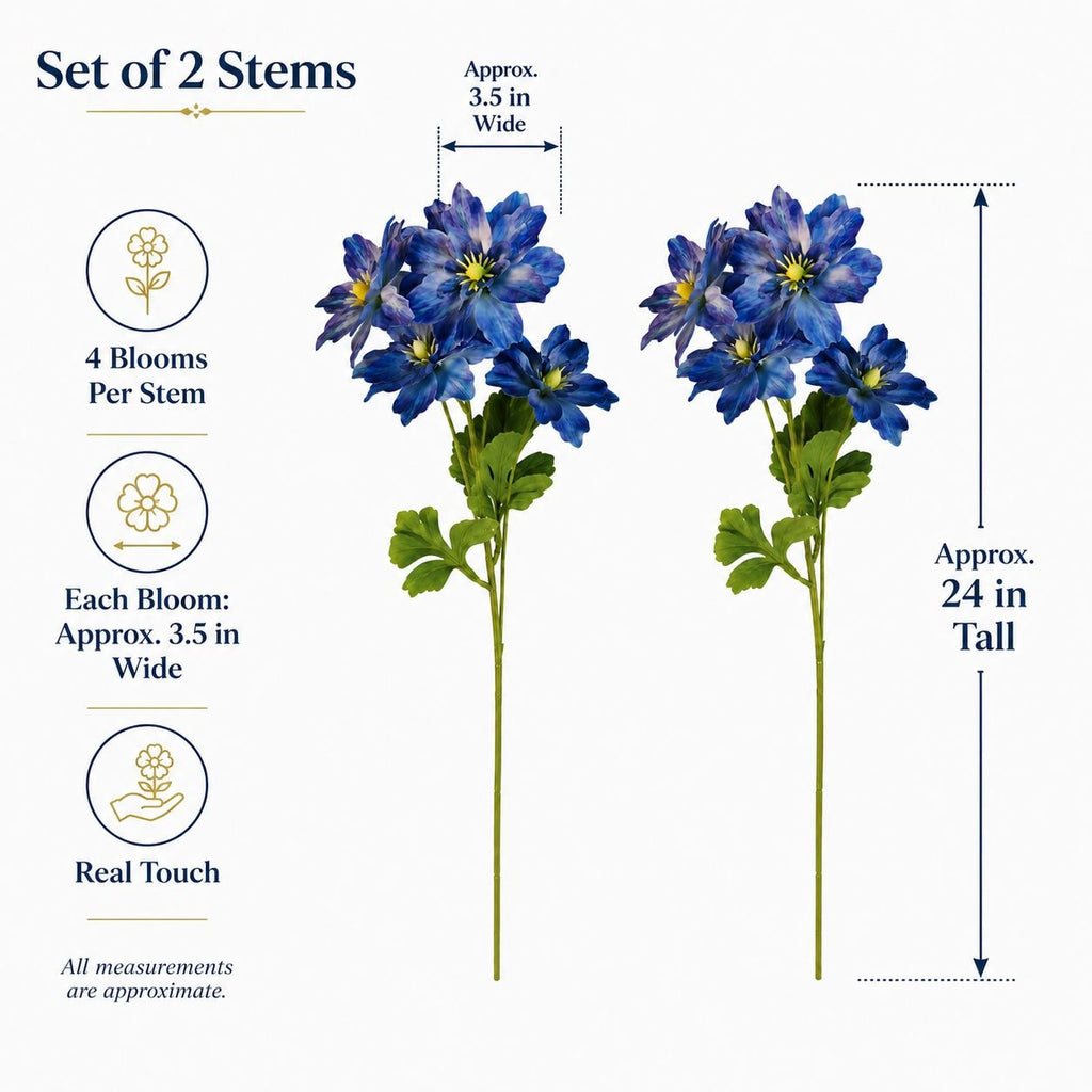 Blue Purple Real Touch Flower Stems Set of 2, 24 Inch Faux Flowers for Coastal Cottage, French Country and Bedroom Decor