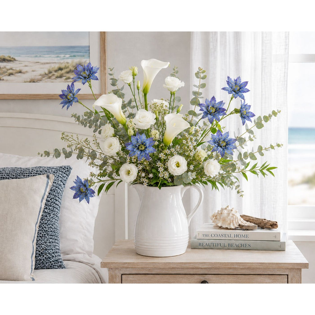 Blue Purple Real Touch Flower Stems Set of 2, 24 Inch Faux Flowers for Coastal Cottage, French Country and Bedroom Decor