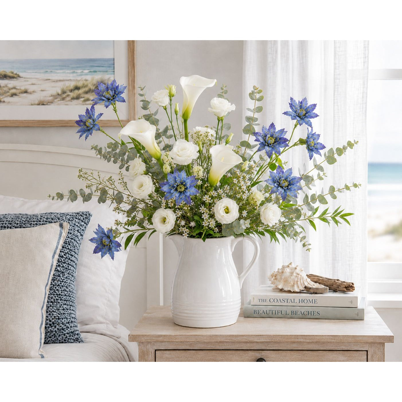 Blue Purple Real Touch Flower Stems Set of 2, 24 Inch Faux Flowers for Coastal Cottage, French Country and Bedroom Decor