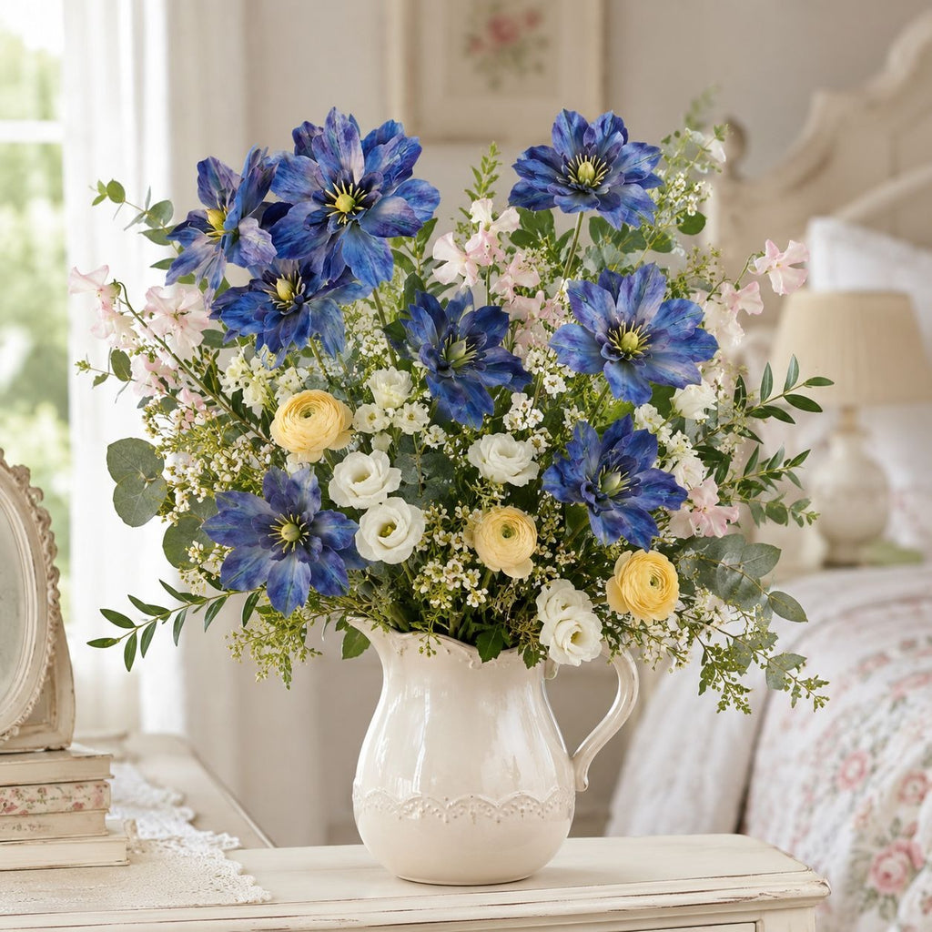 Blue Purple Real Touch Flower Stems Set of 2, 24 Inch Faux Flowers for Coastal Cottage, French Country and Bedroom Decor