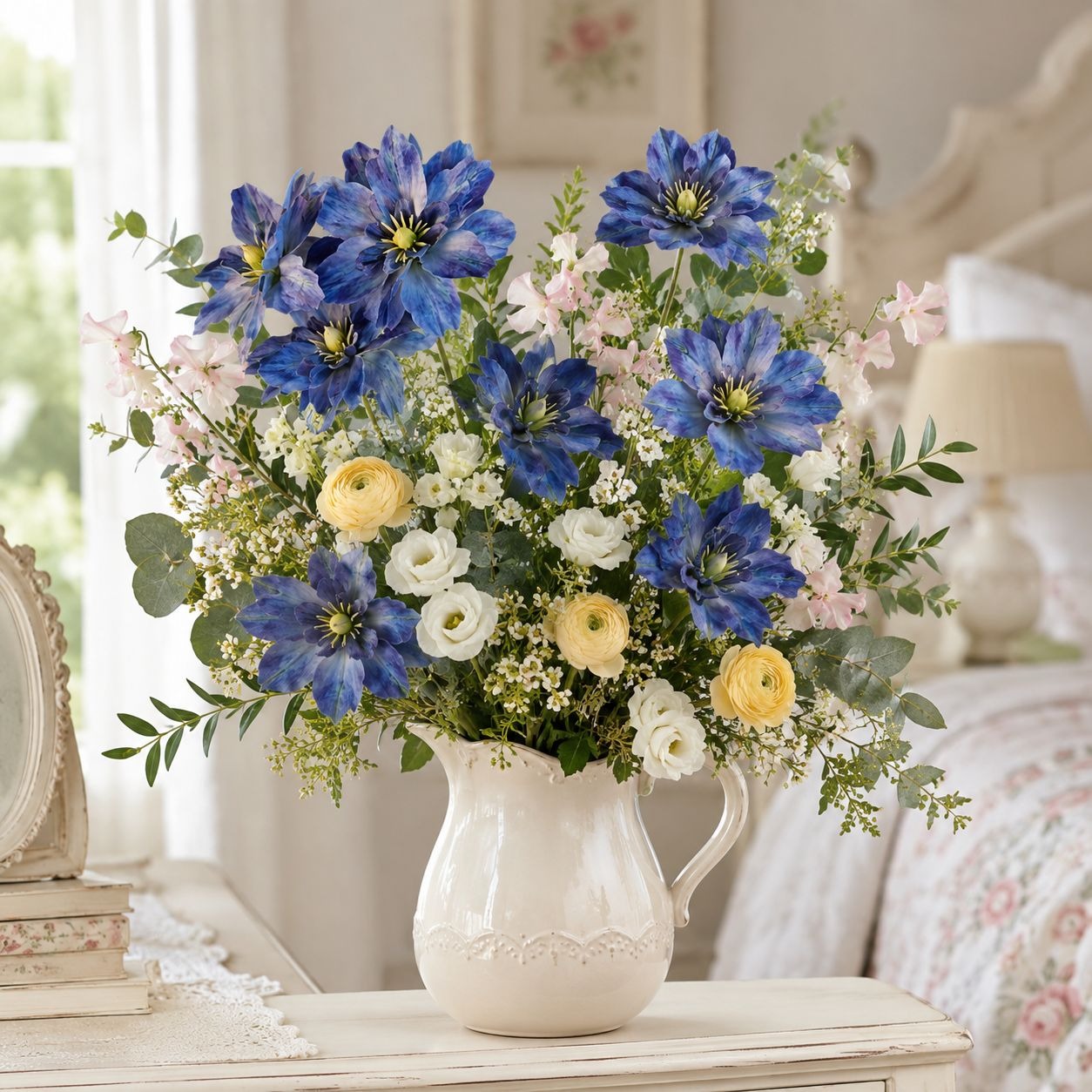 Blue Purple Real Touch Flower Stems Set of 2, 24 Inch Faux Flowers for Coastal Cottage, French Country and Bedroom Decor