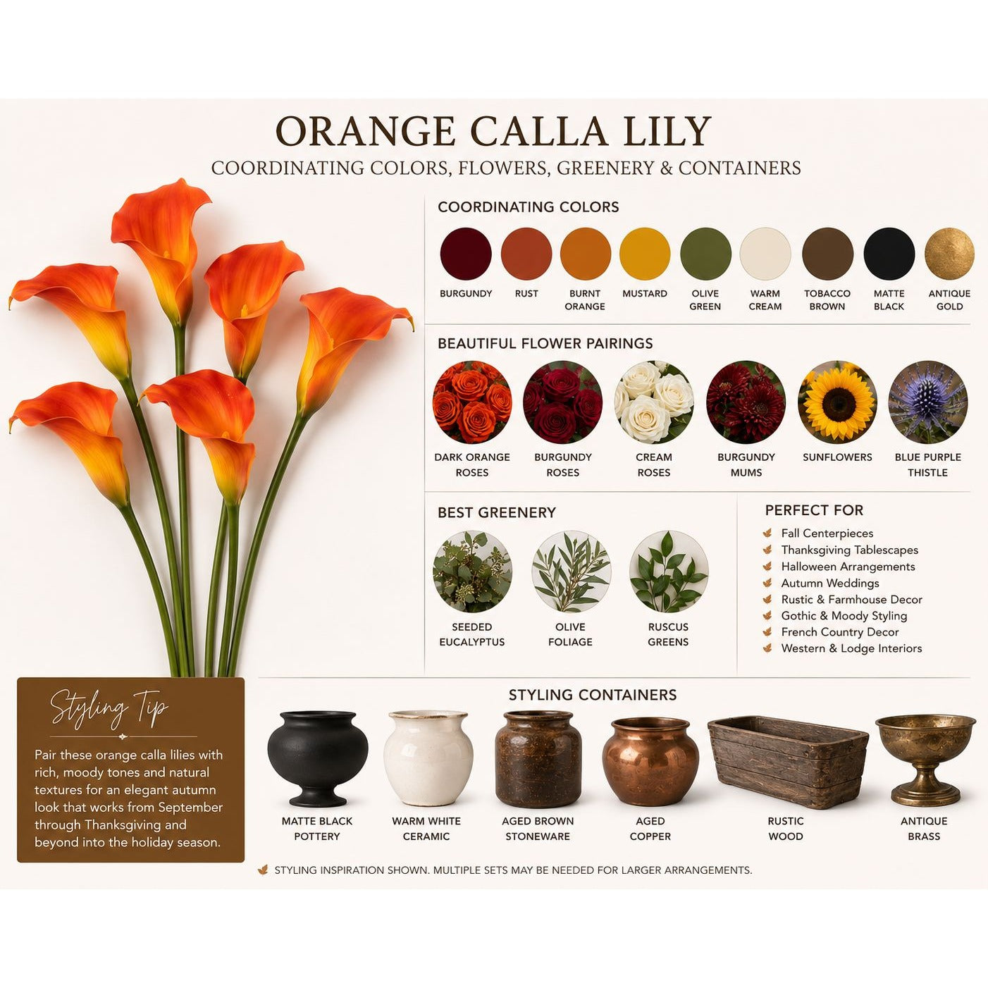 5 Orange Real Touch Calla Lily Stems 15 Inch Artificial Fall Flowers Halloween Wedding Decor