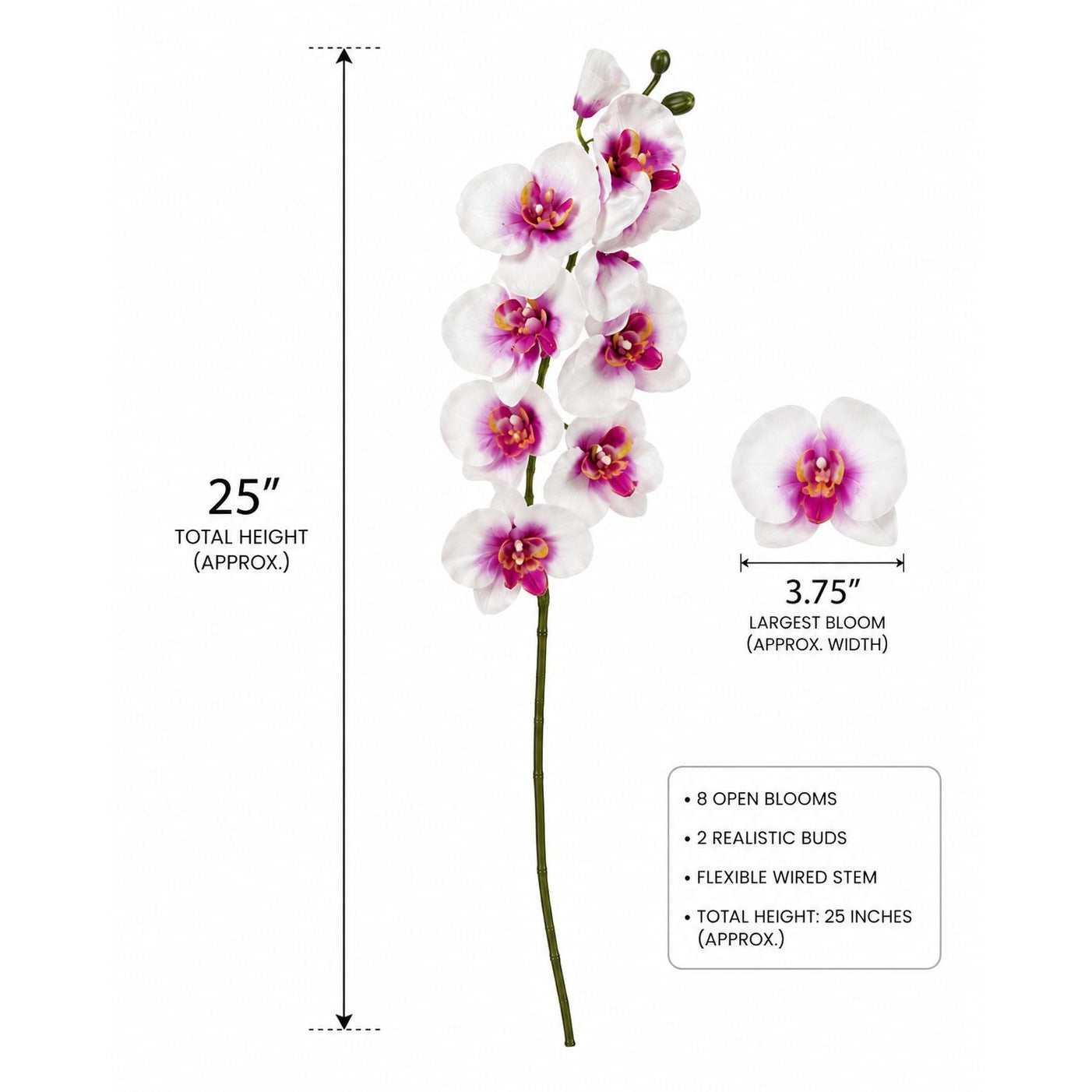 Artificial Silk White Orchid Stem 25 Inch Faux Phalaenopsis Flower Wedding Decor Home Decor Floral Arrangement Centerpiece
