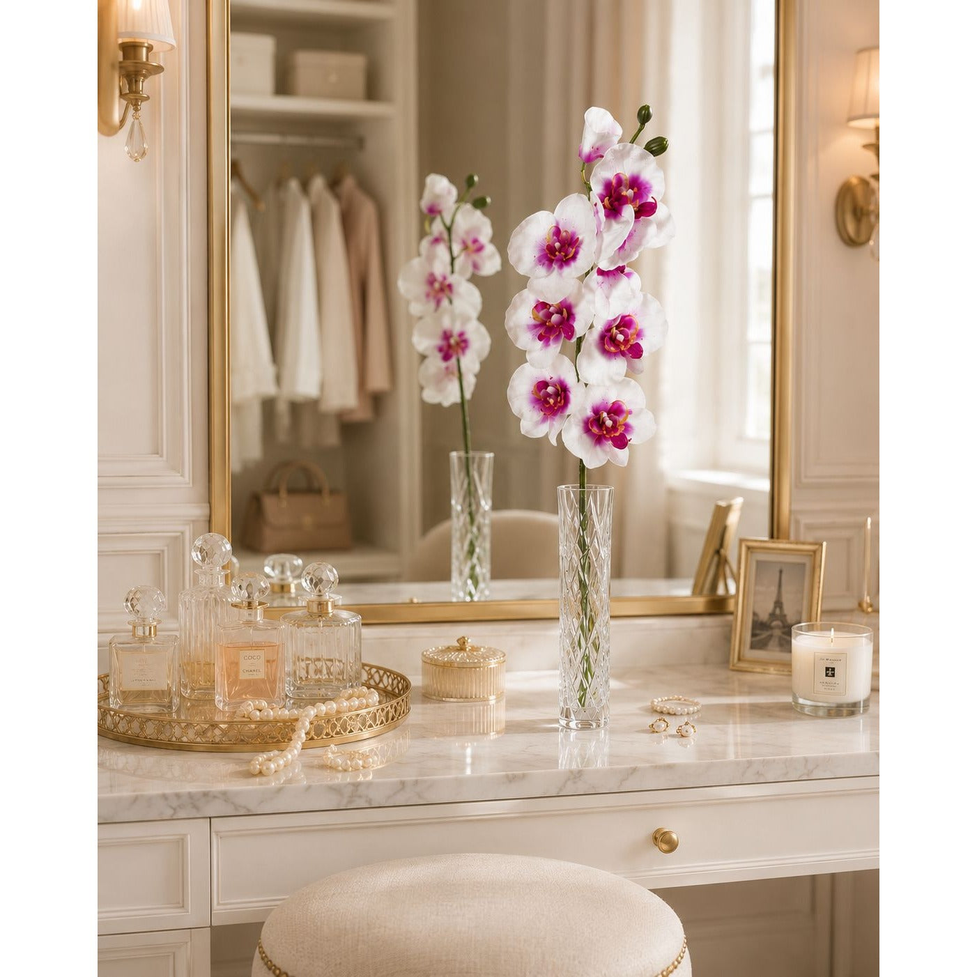 Artificial Silk White Orchid Stem 25 Inch Faux Phalaenopsis Flower Wedding Decor Home Decor Floral Arrangement Centerpiece