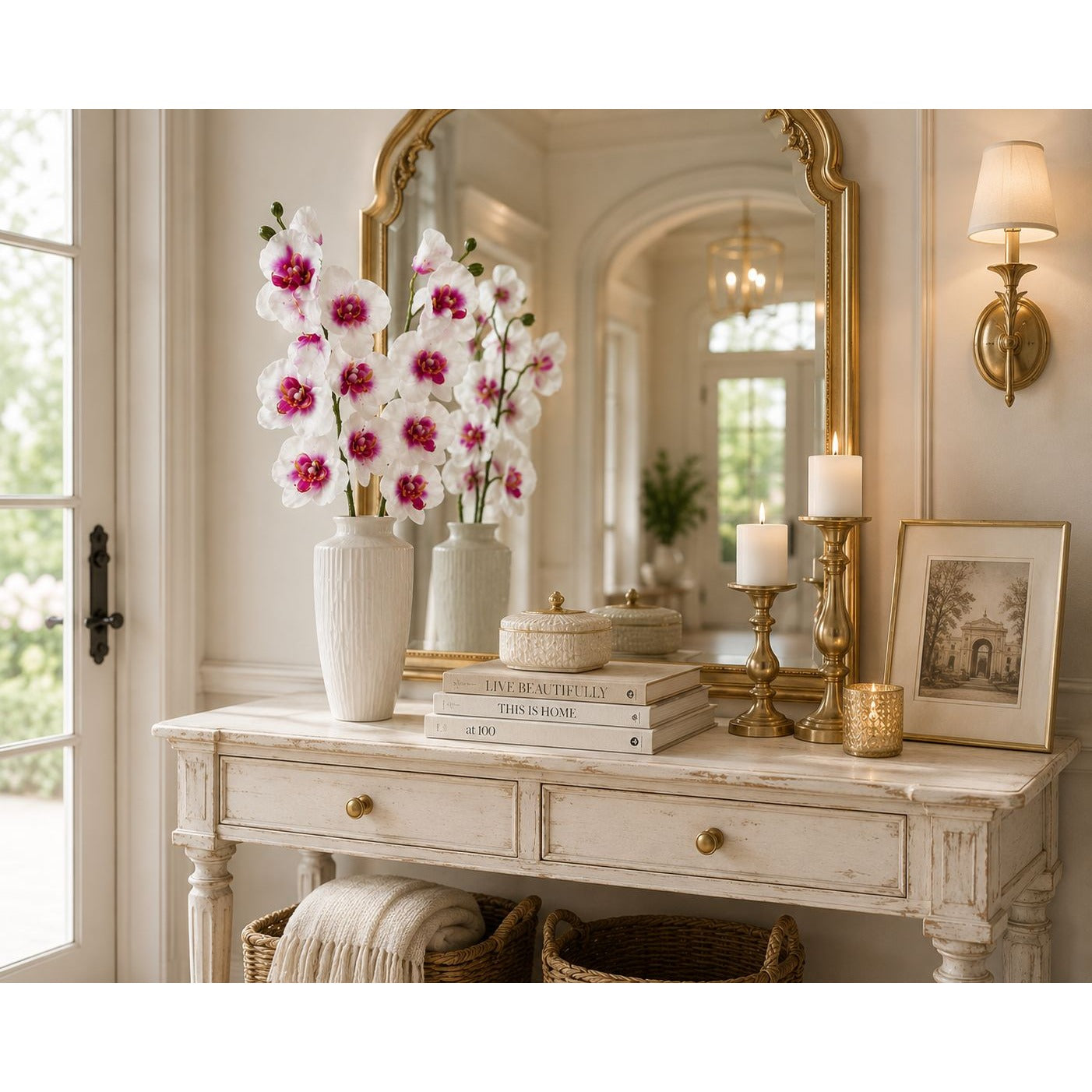 Artificial Silk White Orchid Stem 25 Inch Faux Phalaenopsis Flower Wedding Decor Home Decor Floral Arrangement Centerpiece