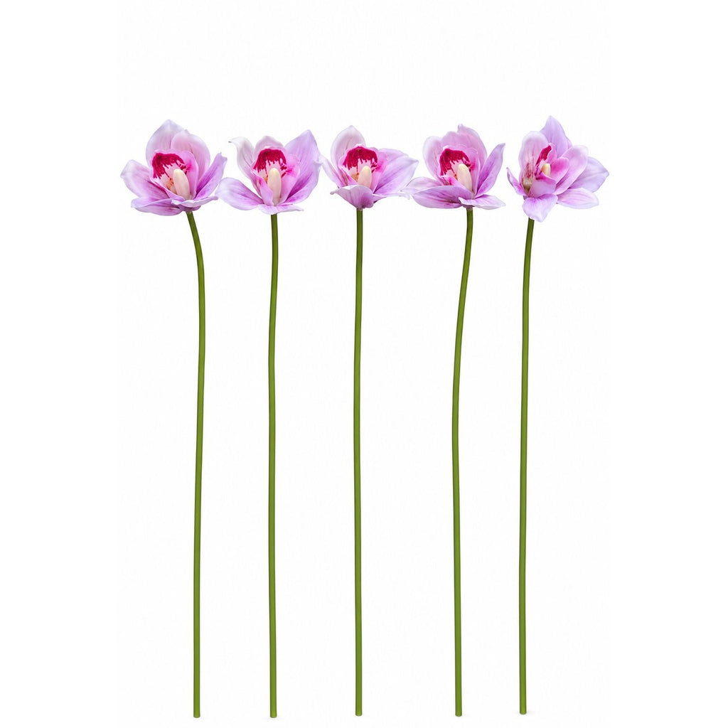 Pink Purple Real Touch Cymbidium Orchids, Set of 5 Artificial Flower Stems, 15 Inch Minimalist Spa Decor, Wedding Bouquet, Hair Flowers