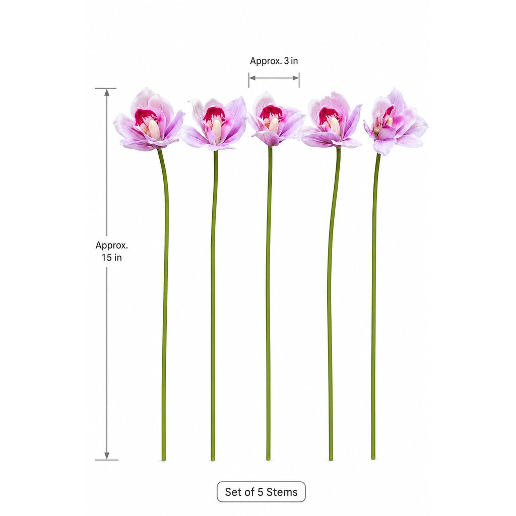 Pink Purple Real Touch Cymbidium Orchids, Set of 5 Artificial Flower Stems, 15 Inch Minimalist Spa Decor, Wedding Bouquet, Hair Flowers