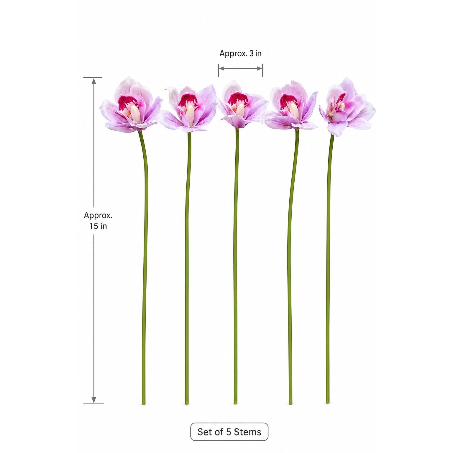 Pink Purple Real Touch Cymbidium Orchids, Set of 5 Artificial Flower Stems, 15 Inch Minimalist Spa Decor, Wedding Bouquet, Hair Flowers