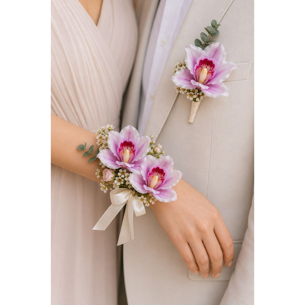 Pink Purple Real Touch Cymbidium Orchids, Set of 5 Artificial Flower Stems, 15 Inch Minimalist Spa Decor, Wedding Bouquet, Hair Flowers