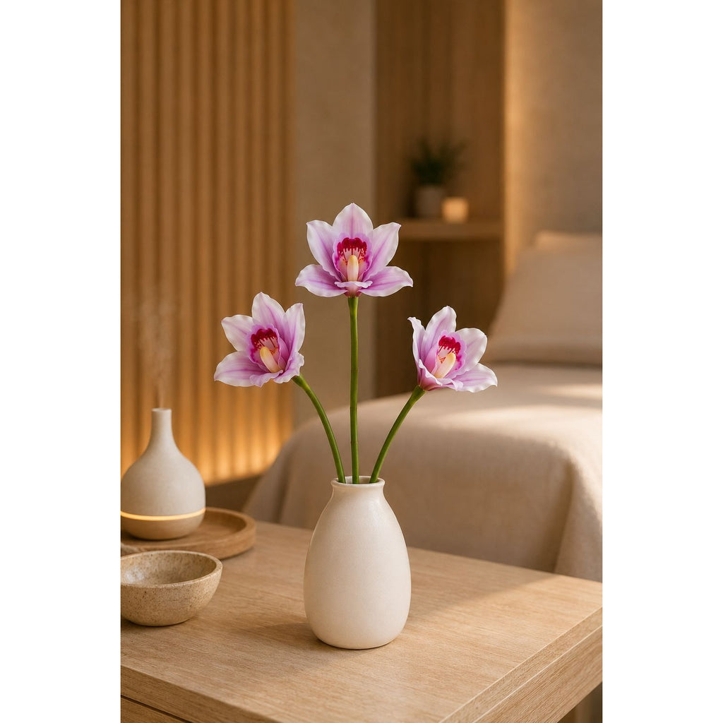 Pink Purple Real Touch Cymbidium Orchids, Set of 5 Artificial Flower Stems, 15 Inch Minimalist Spa Decor, Wedding Bouquet, Hair Flowers