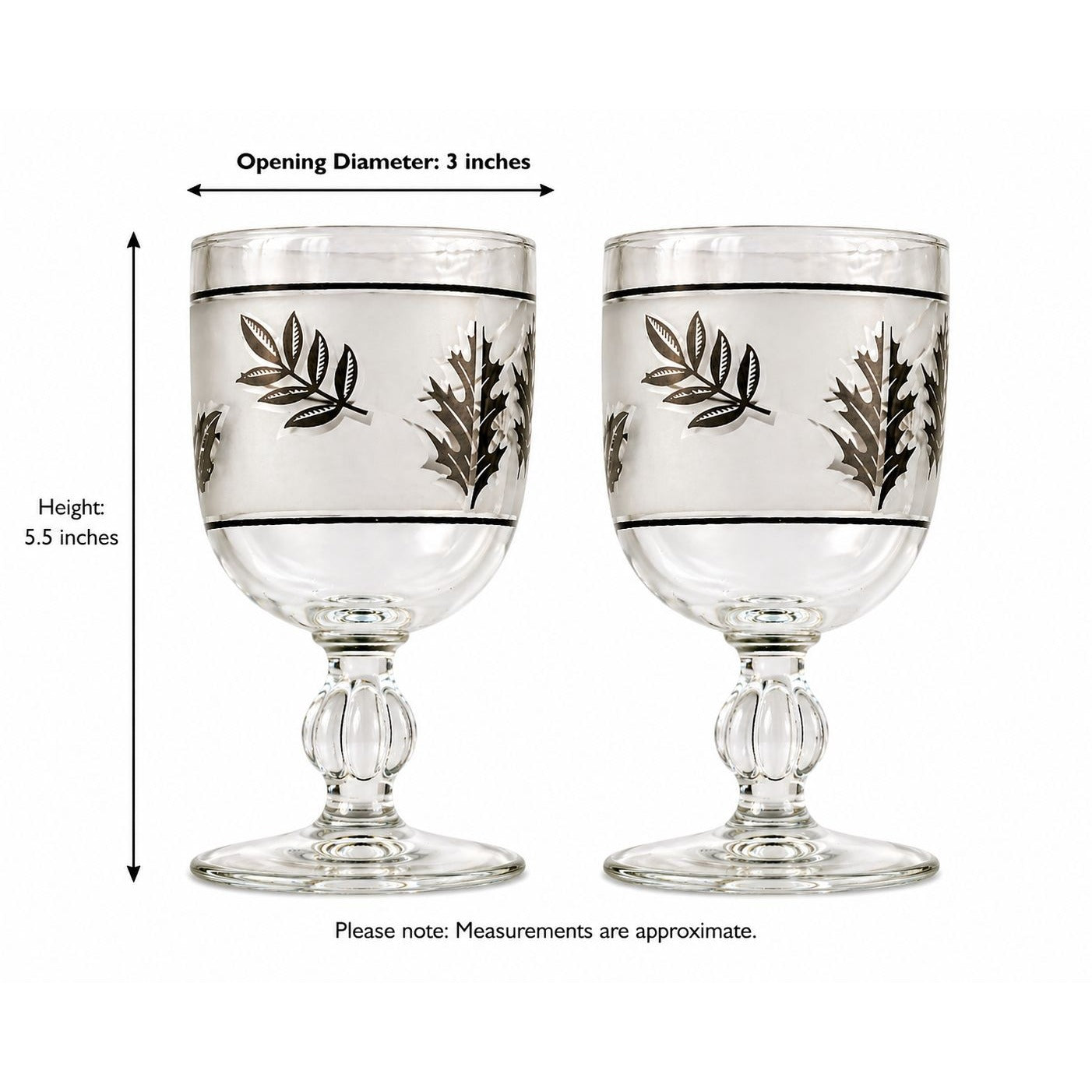 Two glass goblets with leaf patterns and measurements on a white background