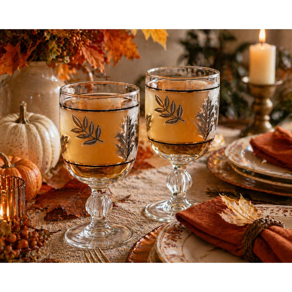 Decorative glasses with leaf patterns on a festive table setting with pumpkins and candles.