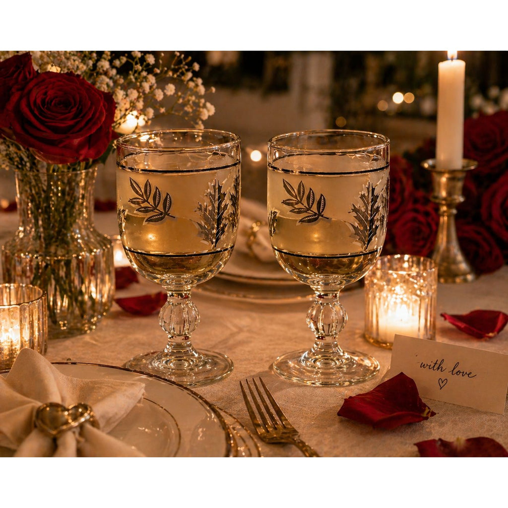 Decorative table setting with wine glasses, candles, and flowers.