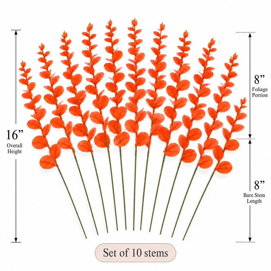 Set of 10 orange artificial eucalyptus stems with green stems, shown with height and length dimension annotations on a white background.
