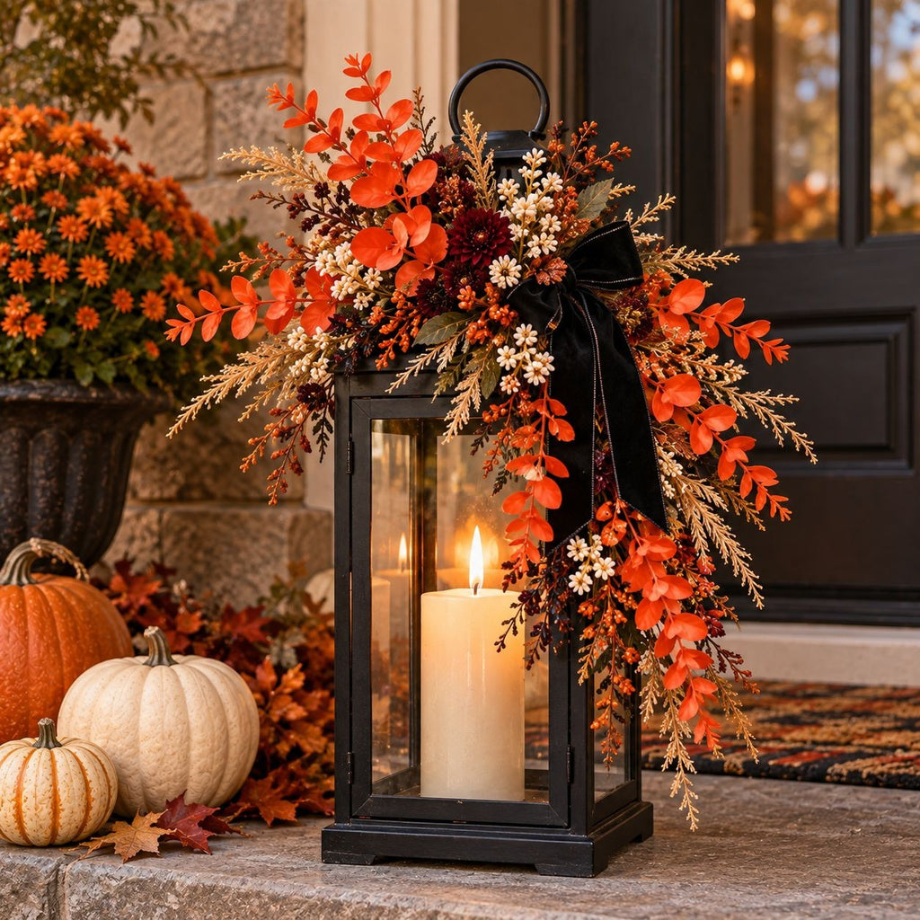 A black lantern with a lit white pillar candle, decorated with an autumn floral arrangement featuring orange berries, eucalyptus, white flowers, and a black ribbon bow, set on a stone porch with pumpkins and fall foliage.