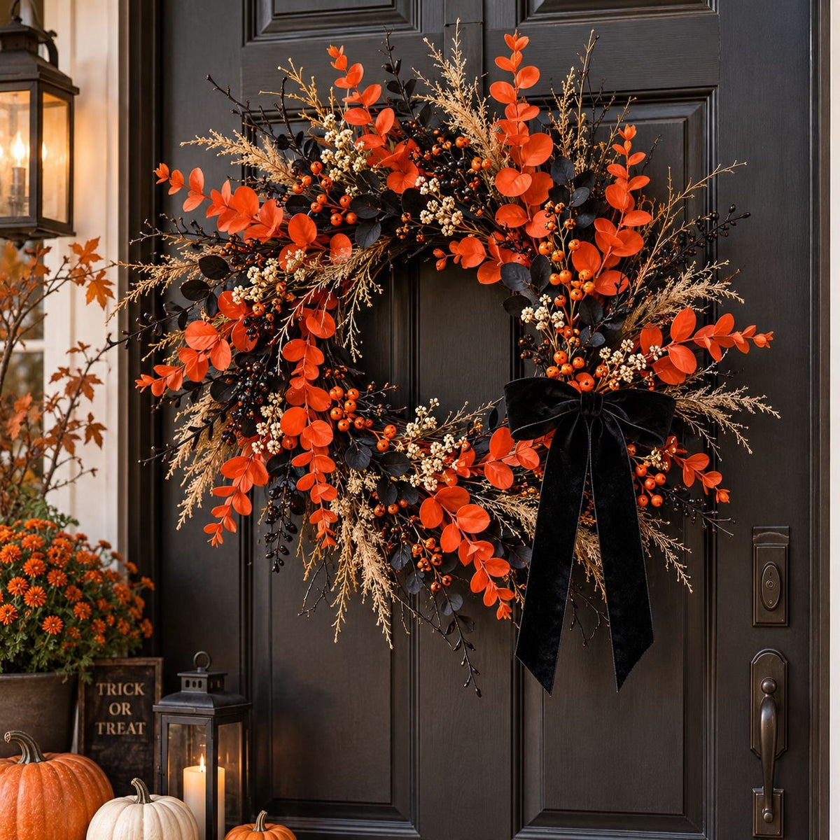 An autumn wreath with bright orange flowers, black berries, beige grasses, and a large black velvet bow, hanging on a dark front door.