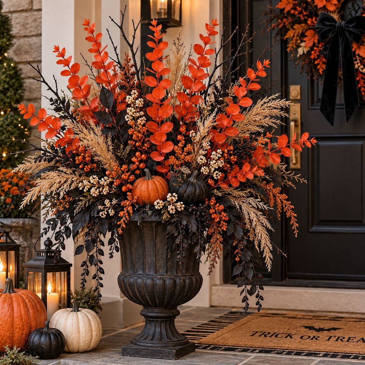 A large black stone urn filled with autumn floral arrangements, including bright orange leaves, dried beige grasses, small orange pumpkins, and dark berries, displayed on a front porch beside lanterns and a doormat.