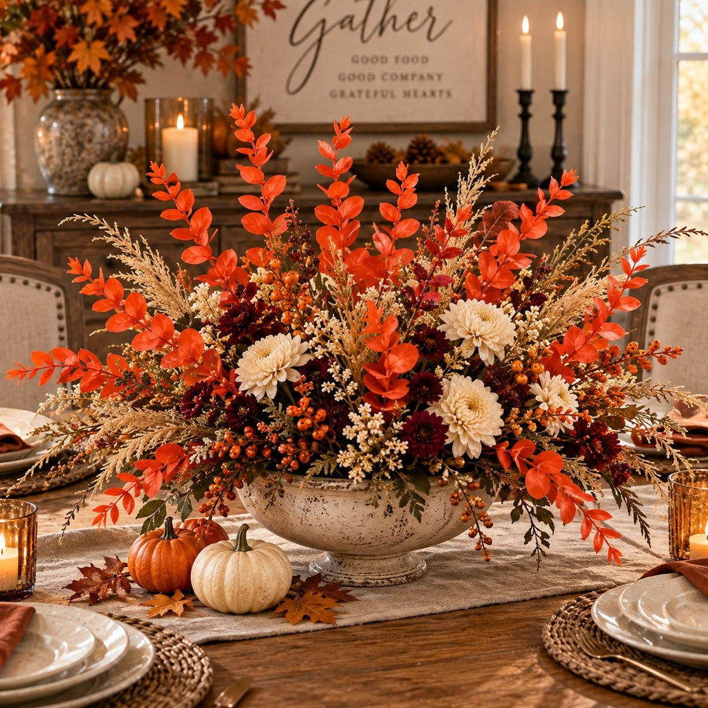 A large autumn floral centerpiece arranged in a distressed white bowl on a dining table, featuring orange foliage, cream chrysanthemums, burgundy berries, and small pumpkins in a warmly lit dining room.