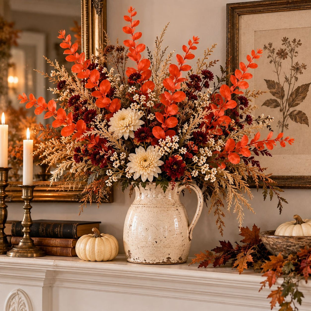 A large autumn floral arrangement in a distressed cream pitcher vase, displayed on a fireplace mantel with candles, pumpkins, framed botanical art, and fall leaves.